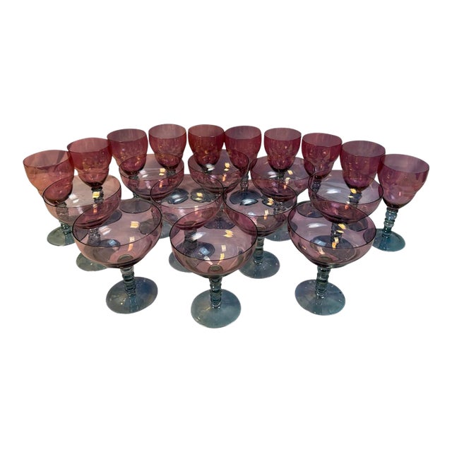 Vintage Mid-Century Cranberry Pink and Clear Art Glass Stemware Lot of 20 For Sale