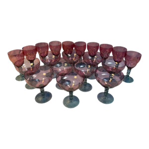 Vintage Mid-Century Cranberry Pink and Clear Art Glass Stemware Lot of 20