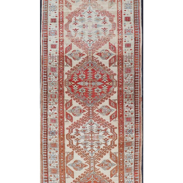 Antique Hand-Knotted Sarab Runner With Sub-Geometric Design in Red, Blue & Ivory 3'0 X 10'5 For Sale - Image 4 of 13