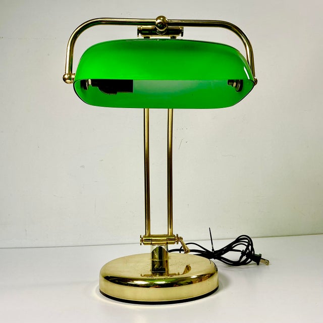 1970s Vintage Art Deco Arts & Crafts Emeraldite Bottle Green Glass Shade Brass Bankers Desk Lamp For Sale - Image 15 of 16