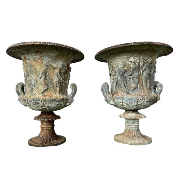 19th Century French Cast Iron Medici Borghese Garden Urns Pair For Sale - Image 4 of 18
