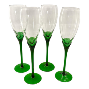 Vintage Mid Century Calla Lily Flower Emerald Green and Clear Glass Champagne Glasses Set of 4 Flutes Barware