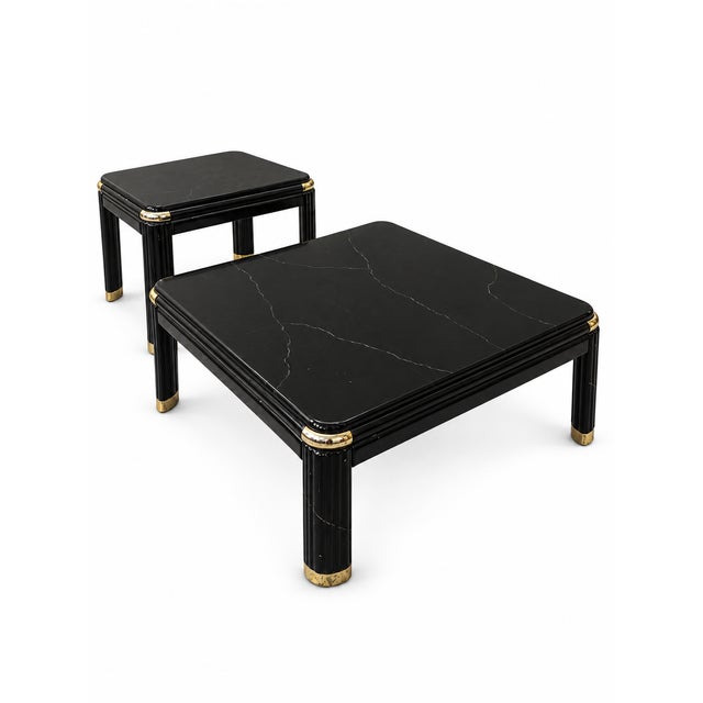 1980s Vintage Postmodern Black Marble-Look Coffee and Side Tables With Brass Accents — Set of 2 For Sale - Image 5 of 12