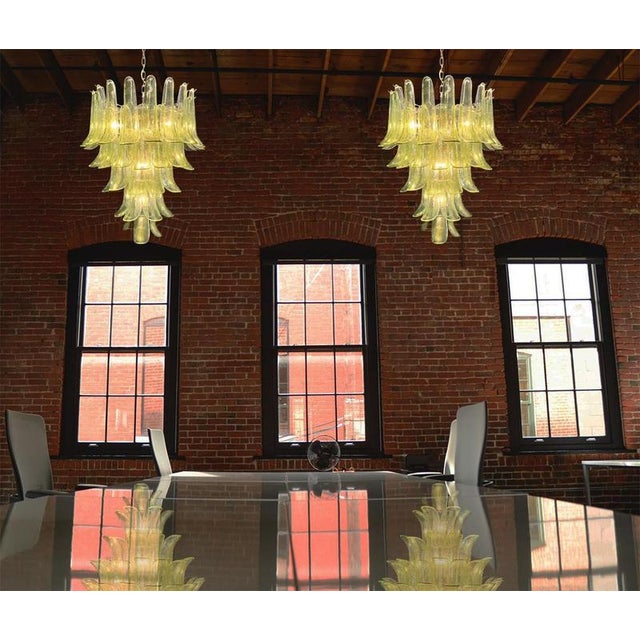 Pair Murano chandeliers made by 52 glasses, green colors, nickel metal structure. The glasses are very high quality, the...