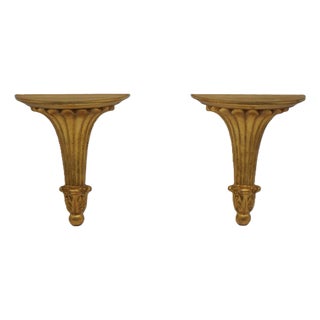1970s Pair of Decorative Crafts Pair of Italian Gold Wall Sconce Shelves For Sale