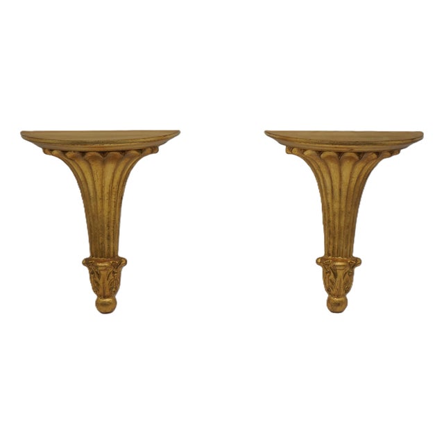 1970s Pair of Decorative Crafts Pair of Italian Gold Wall Sconce Shelves For Sale
