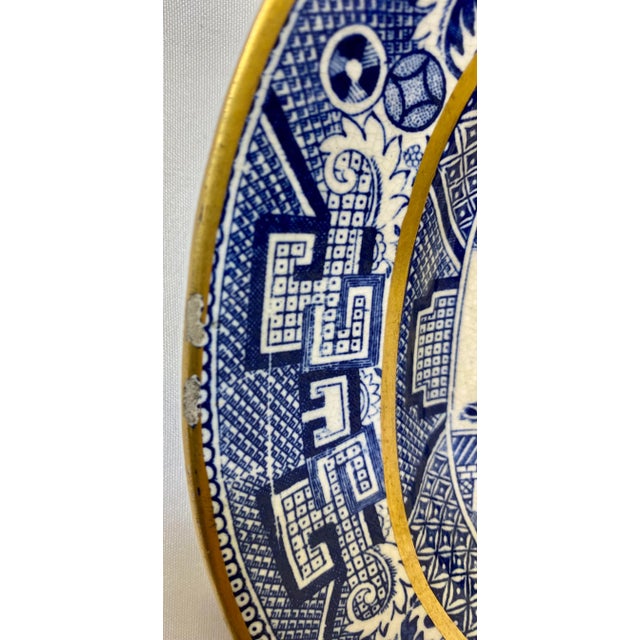 Mid 19th Century Antique Oval Gold Rimmed Blue Willow Side Dish /Vegetable Serving Platter From England - Circa 1850 For Sale - Image 5 of 11