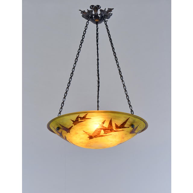 Large French Art Deco Pendant Light by Le Verre Francais Schneider - 1925 Cameo Chandelier France For Sale - Image 6 of 13