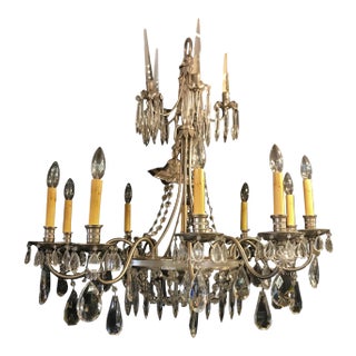 Vintage Ten Arm Nickel and Crystal Chandelier For Sale