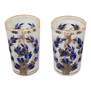 Vintage Frosted Glasses – Blue & White Leaf With Gold Rim, Mid-Century Barware - A Pair