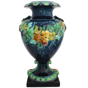 19th French Monumental Renaissance Style Majolica Grapes Blue and Green Vase