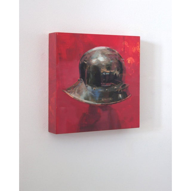 Contemporary Helmet for the Ghost by Elena Burykina | Oil on panel Painting of a metallic helmet on a red background For Sale - Image 3 of 5