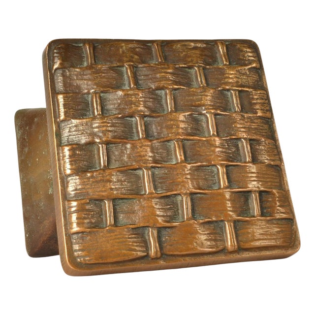 Square Push and Pull Door Handle in Bronze in Basket Relief, 1970s For Sale