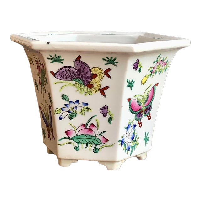 Vintage Chinoiserie Hexagonal Porcelain Planter For Sale