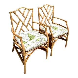 Vintage Coastal Chinese Chippendale Rattan Armchairs – A Pair For Sale