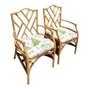 Vintage Coastal Rattan Chinese Chippendale Arm Chairs - a Pair