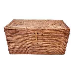 Vintage Handwoven Rattan Storage Box – Southeast Asian Lidded Wicker Chest With Toggle Closure