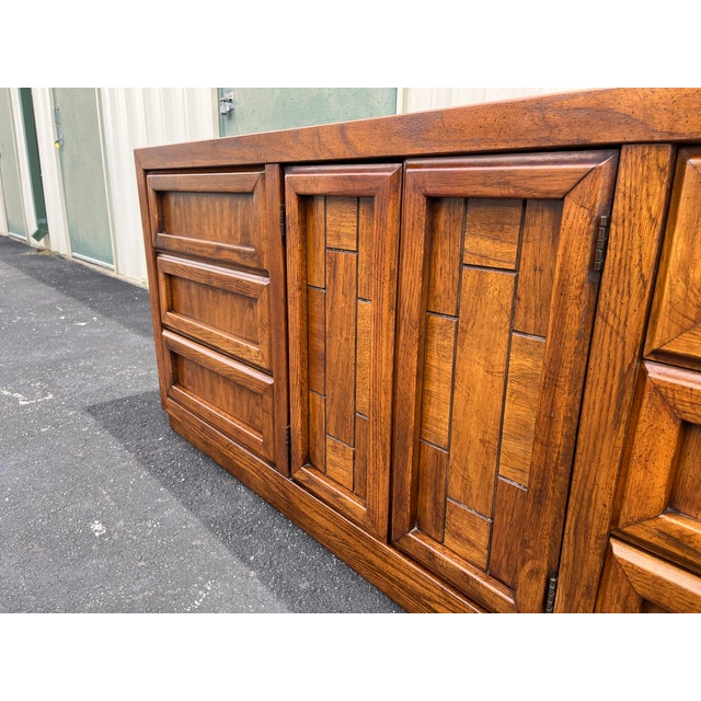 1960s Dixie 9-Drawer Brutalist Walnut Triple Long Dresser For Sale - Image 9 of 12