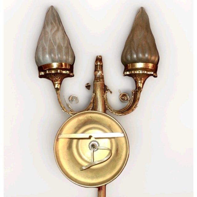 Antique 20" French Regency Brass/ Bronze Hand Held Torch Wall Sconce With Flame Shades For Sale - Image 13 of 18