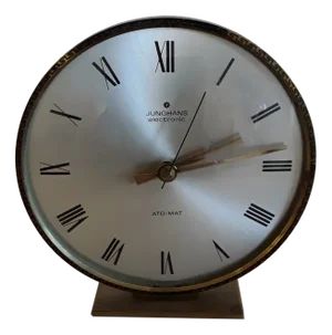 Mid-Century German Table Clock Auto-Mat with Brass Housing and Round Glass Pane by Junghans, 1960s