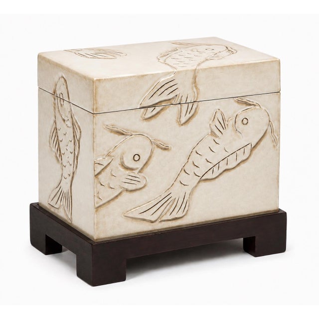 Mid-Century Asian Modern Ivory Glazed Koi Fish Box on Stand Side Tables - Pair For Sale - Image 4 of 6