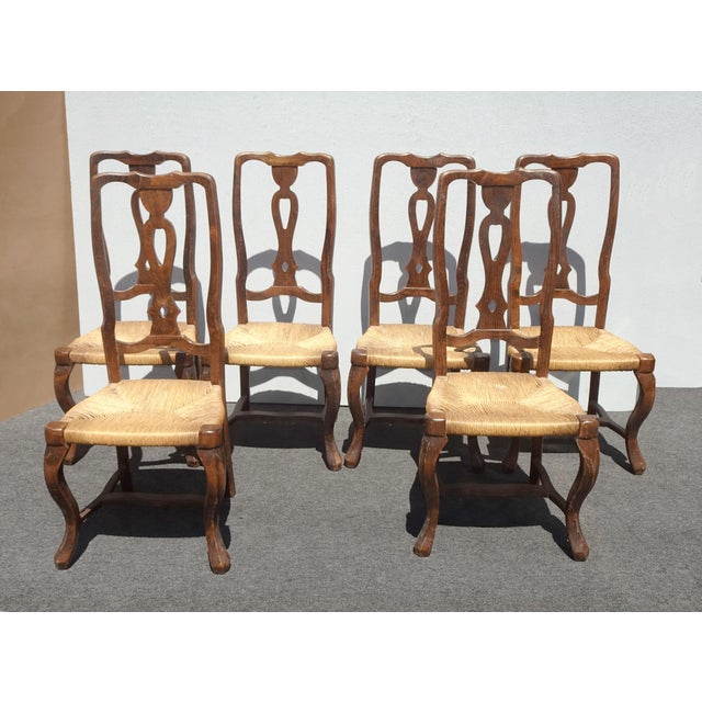 French Country Set of Eight Vintage French Country Rush Seat Dining Chairs For Sale - Image 3 of 16