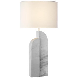 Kelly Wearstler for Visual Comfort Signature Savoye Large Left Table Lamp in White Marble with Linen Shade For Sale