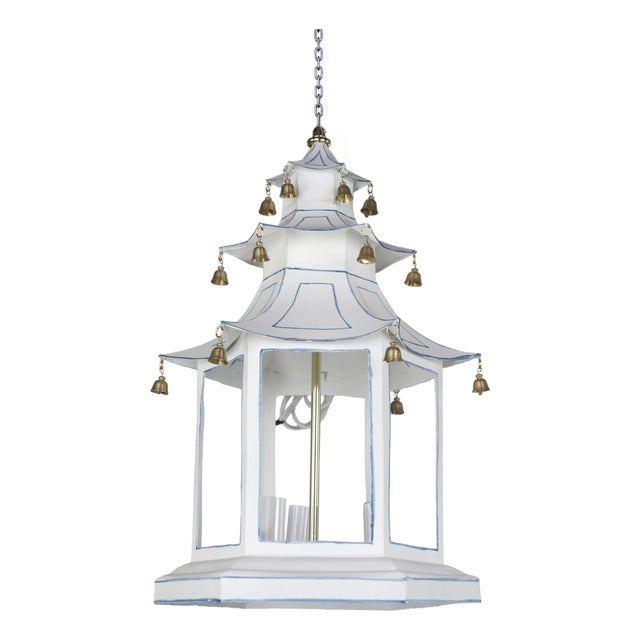 A Three-Tiered Pagoda-Topped Lantern Chandelier Adorned With Blue Details and Gold Hanging Bells. For Sale