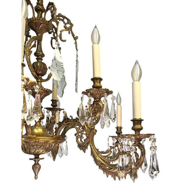 Rococo Antique Spanish Brass 6-Arm Heavy Chandelier With Crystal For Sale - Image 3 of 12