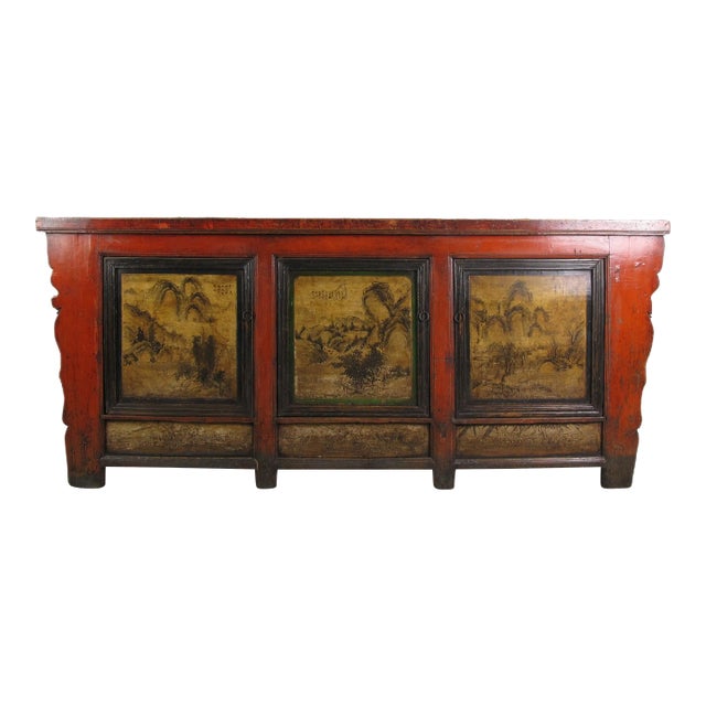 Late 19th Century Gansu 85" Long Red Hand Painted Chinese Sideboard For Sale