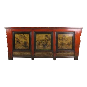 Late 19th Century Gansu 85" Long Red Hand Painted Chinese Sideboard