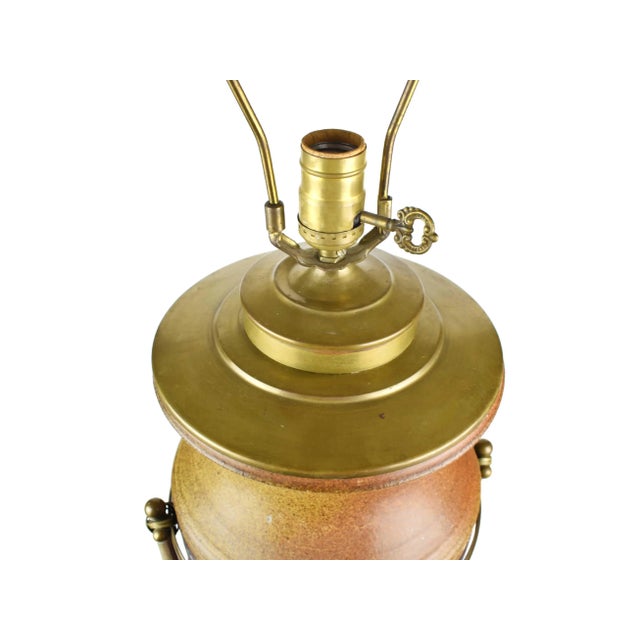 Late 20th Century Tall Pottery Stoneware Urn With Brass Base and Frame Table Lamp For Sale - Image 6 of 10