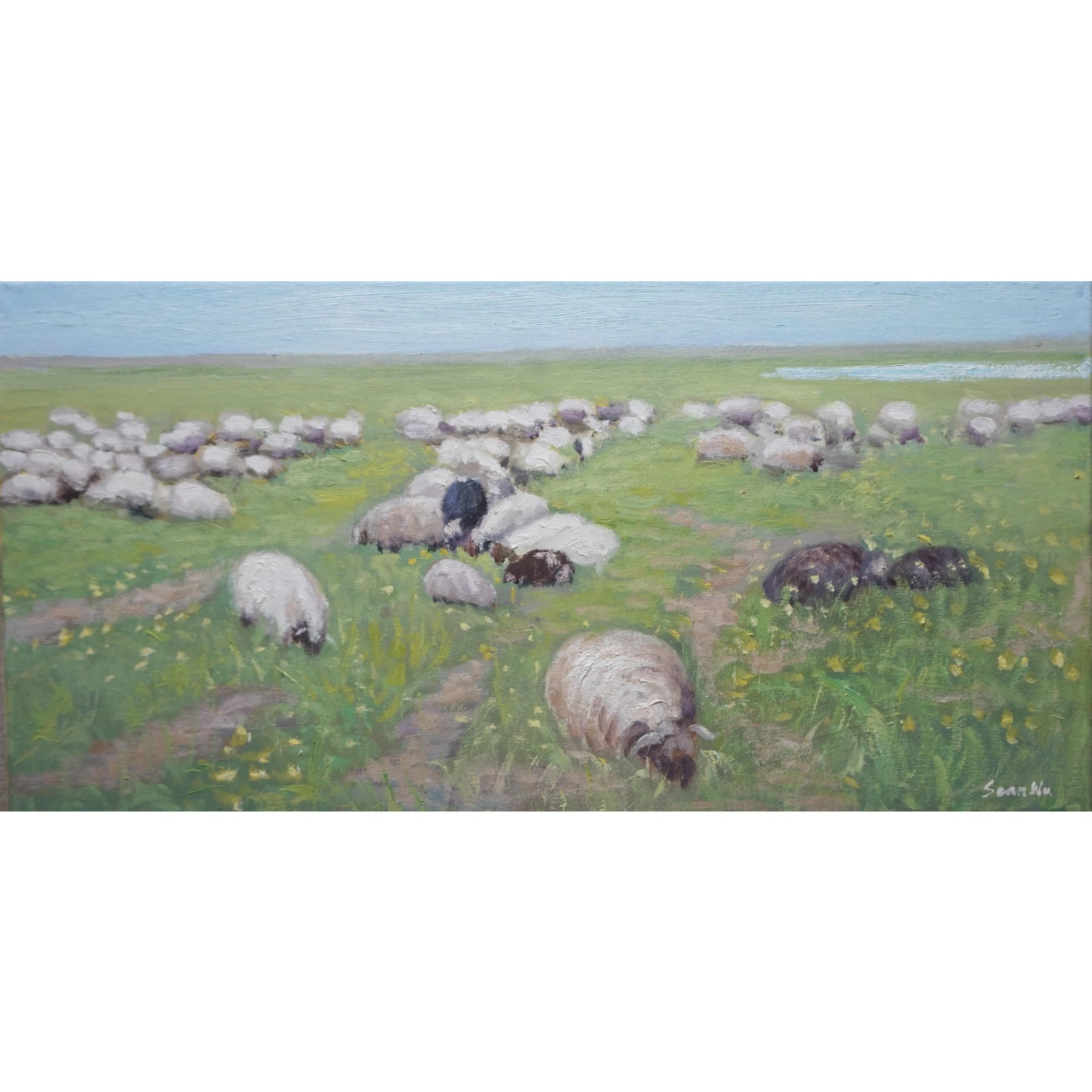 Sean Wu Original Oil Painting, Sheep Resting on Green Pasture | Chairish