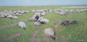 Sean Wu Original Oil Painting, Sheep Resting on Green Pasture