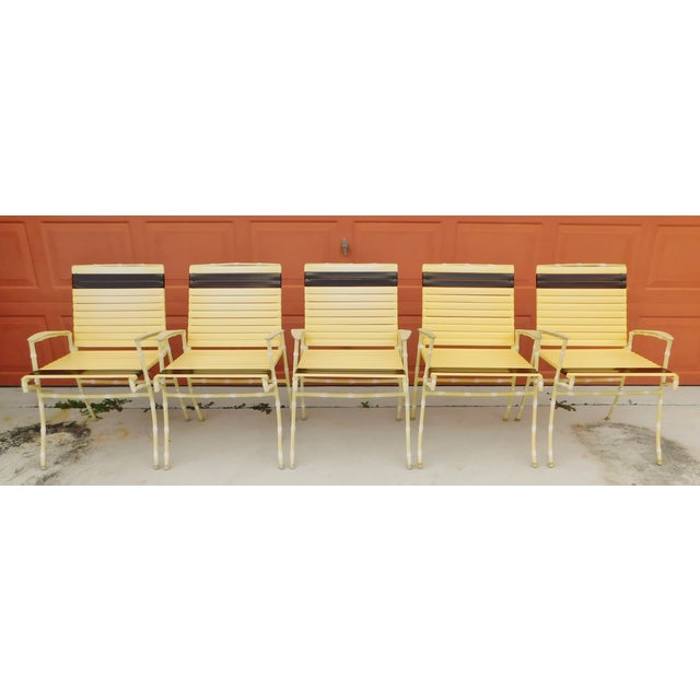 Vintage Mid Century Faux Bamboo Aluminum Vinyl Strap Table & Arm Chairs 6pc Patio Dining Set For Sale - Image 4 of 12