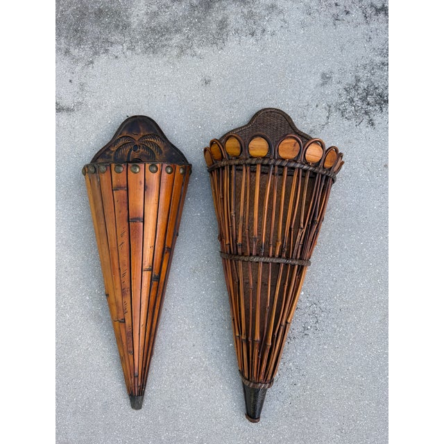 Brown Vintage Sculptural Rattan and Bamboo Wall Pockets, a Coordinated Pair For Sale - Image 8 of 11