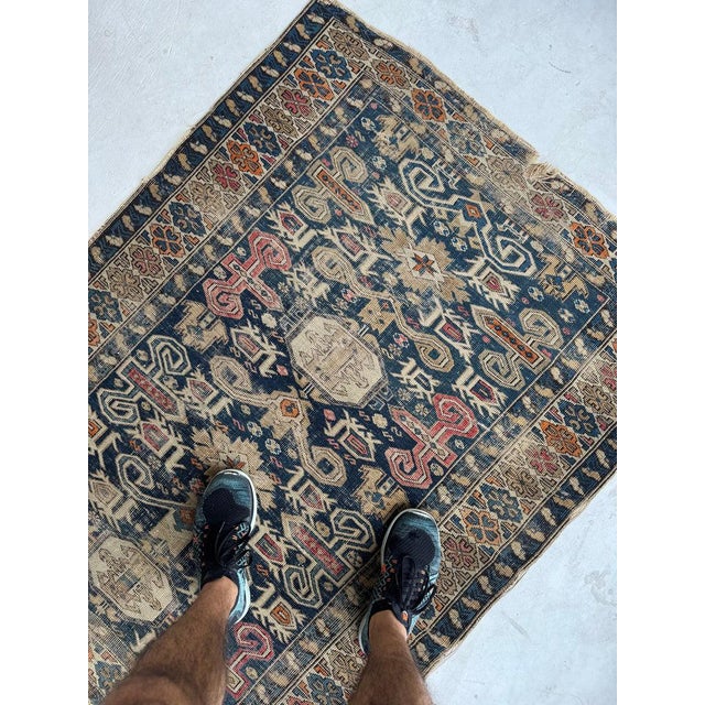Early 20th Century Distressed Caucasian Perpedil Navy Rug 3.8 x 4.8 For Sale In Milwaukee - Image 6 of 11