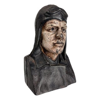 Cast Iron Charles Lindbergh Bust Money Box, 1930s For Sale