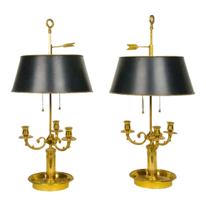 Pair of Louis XVI Style Gilded Bronze Bouillotte Lamps With Black Tôle Shades