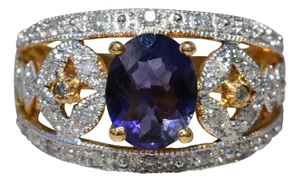 The Maravilla: Ladies Yellow Gold Cocktail Ring set with Checkerboard Cut Iolite and Diamonds
