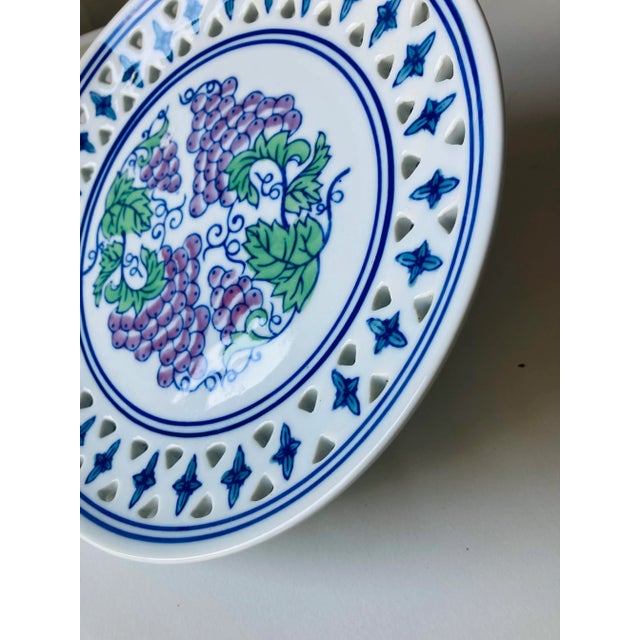 Vintage Porcelain Pierced Rim With Grape Design Decorative Plate For Sale - Image 4 of 6