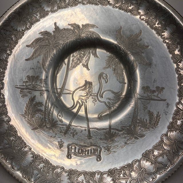 Metal 1940s Hammered Aluminum Florida Flamingo Tray For Sale - Image 7 of 7