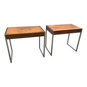 Mid Century Modern Pair of Walnut /Chrome Tables
