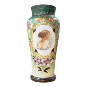 Antique Victorian Bristol - Glass Vase Hand Painted Portrait & Floral Design