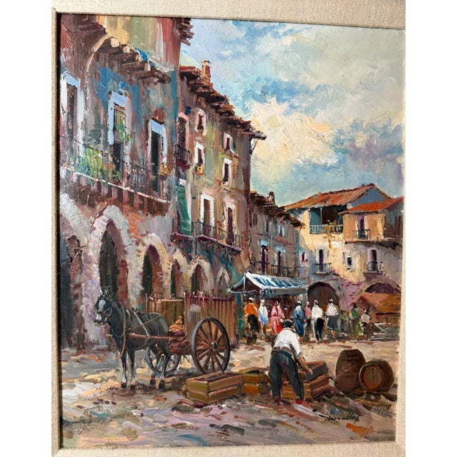 Quality Vintage Original Miralles Oil on Canvas Figural Cityscape Painting Horse For Sale - Image 10 of 13