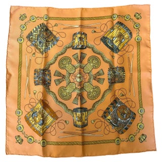 20th Century Classic Orange Silk Carrè Scarf "Les Tambours" by Hermes For Sale