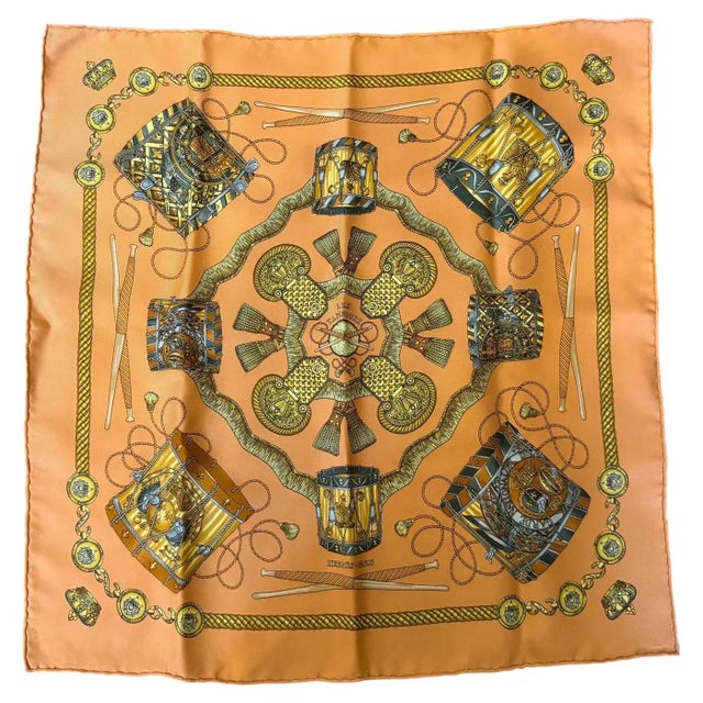 20th Century Classic Orange Silk Carrè Scarf "Les Tambours" by Hermes For Sale