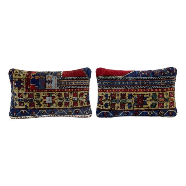 Turkish Wool Lumbar Rug Pillow Cover 15'' X 23'' & 15'' X 25'' - Set of Two For Sale