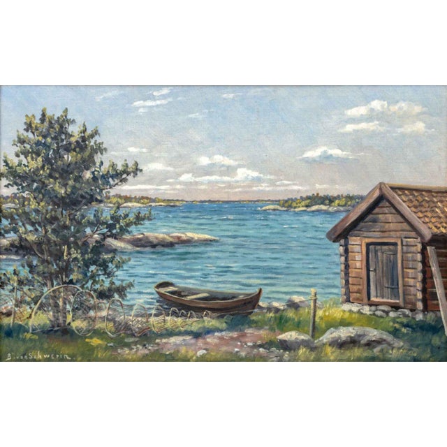 Bo von Schwerin (Swedish, 1881-1940), Fisherman's Log Cabin by the Lake, Oil on Canvas, signed "B. von Schwerin" lower...