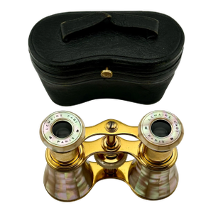 Beautiful Antique French Gold Gilt & Genuine Mother of Pearl Opera Glasses by Lemaire Paris in Original Case